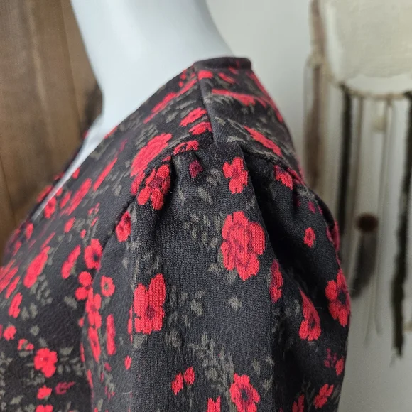 Anthropologie Meadow Rue Black Red Floral Peplum Faux Wrap Top - Picture 8 of 14